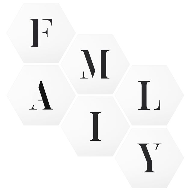 Alu-Dibond hexagon - Letters FAMILY Black Set II