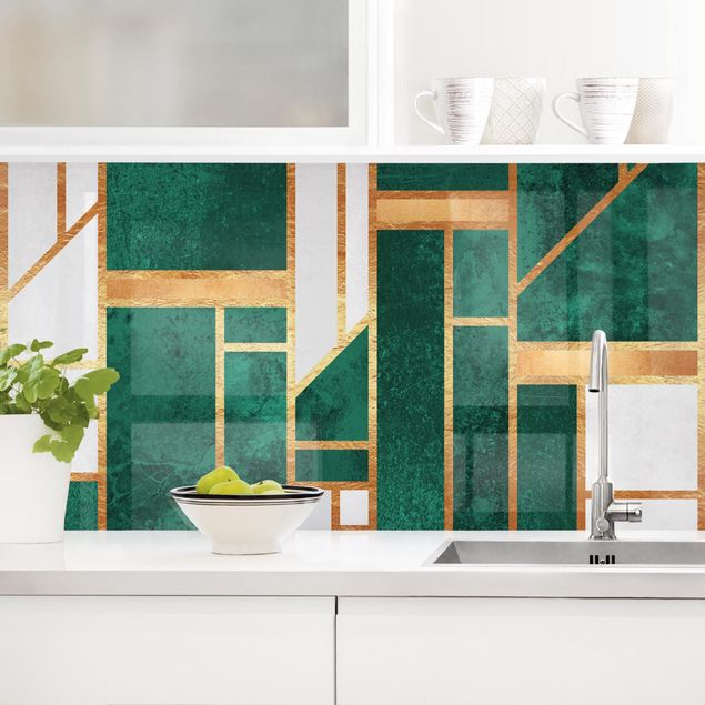 Kitchen wall cladding - Emerald And gold Geometry