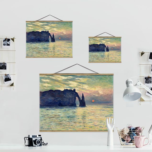 Fabric print with poster hangers - Claude Monet - The Cliff, Étretat, Sunset