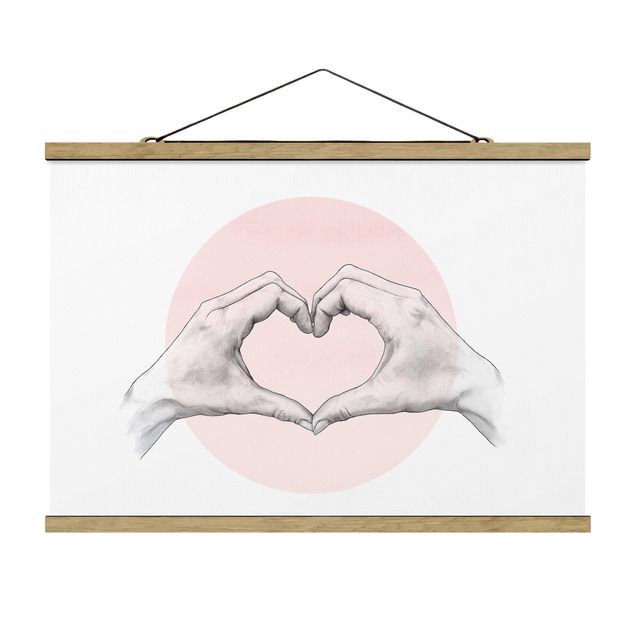 Fabric print with poster hangers - Illustration Heart Hands Circle Pink White