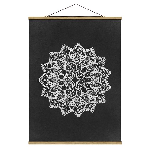 Fabric print with poster hangers - Mandala Illustration Ornament White Black