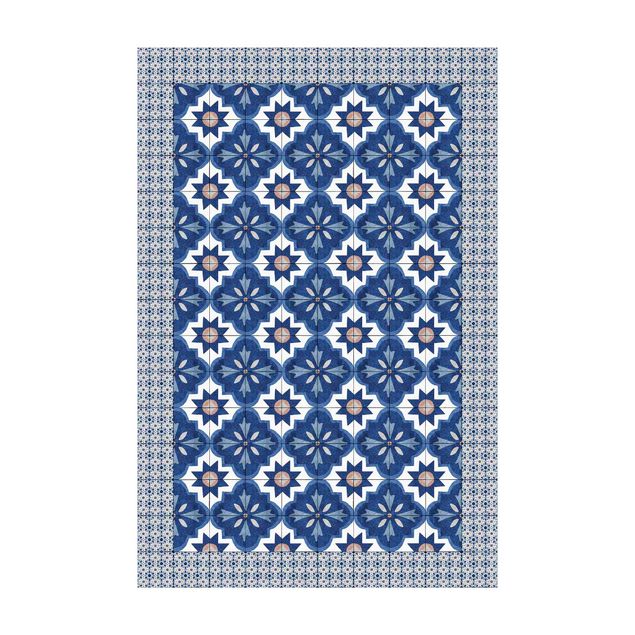 Flower Rugs Moroccan Tiles Watercolour Blue With Tile Frame