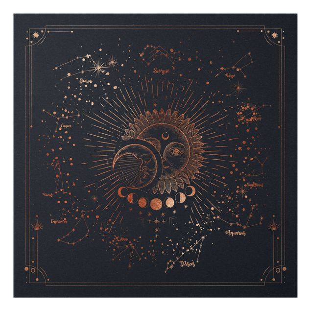 Print on aluminium - Astrology Sun Moon And Stars Blue Gold