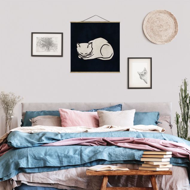 Fabric print with poster hangers - Sleeping Cat Illustration