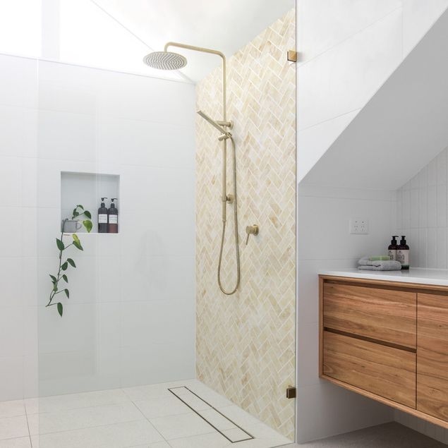 Shower wall cladding - Marble Fish Bone Tiles - Sand Light-Coloured  Joints