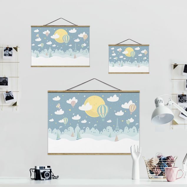 Fabric print with poster hangers - Paris With Stars And Hot Air Balloon
