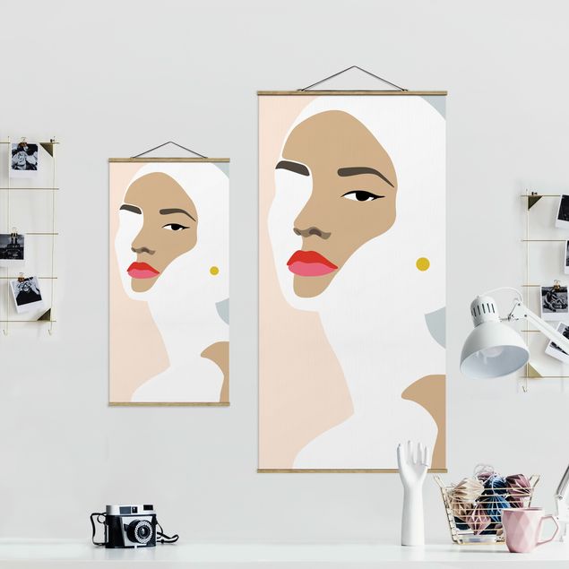 Fabric print with poster hangers - Line Art Portrait Woman Pastel Grey