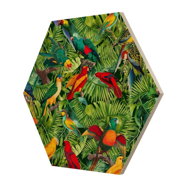 Hexagon Picture Wood - Colorful Collage - Parrot In The Jungle
