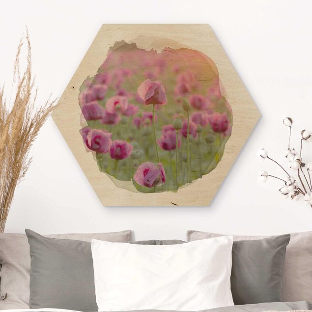 Wooden hexagon - WaterColours - Violet Poppy Flowers Meadow In Spring