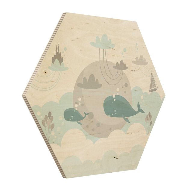 Wooden hexagon - Clouds With Whale And Castle