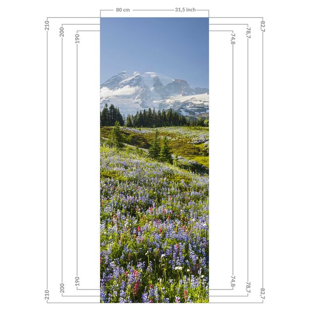 Shower wall cladding - Mountain Meadow With Blue Flowers in Front of Mt. Rainier