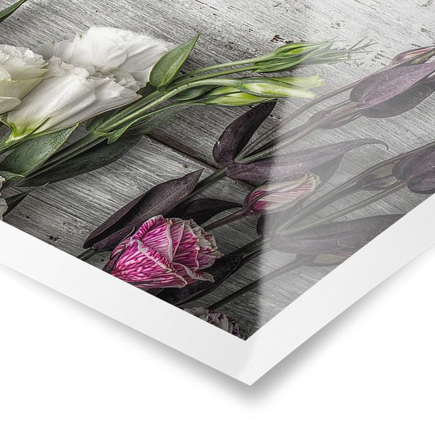 Panoramic poster flowers - Tulip Rose Shabby Wood Look