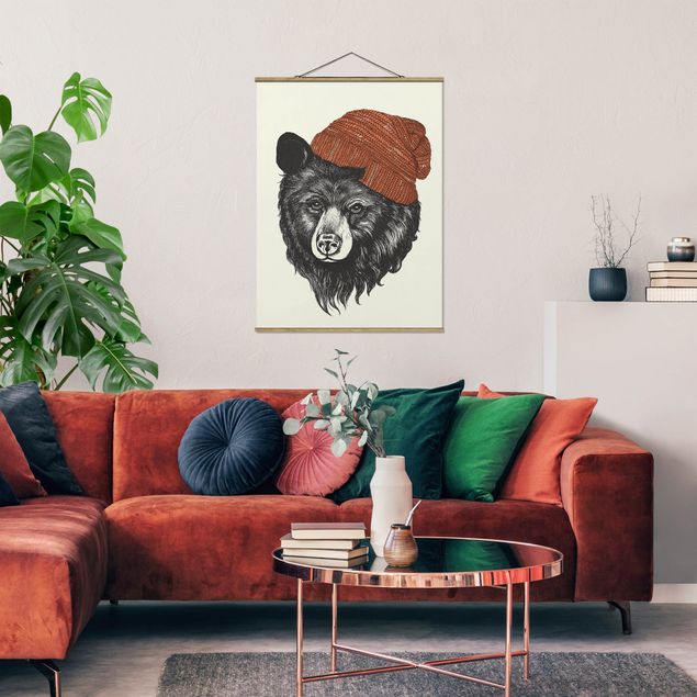 Fabric print with poster hangers - Illustration Bear With Red Cap Drawing