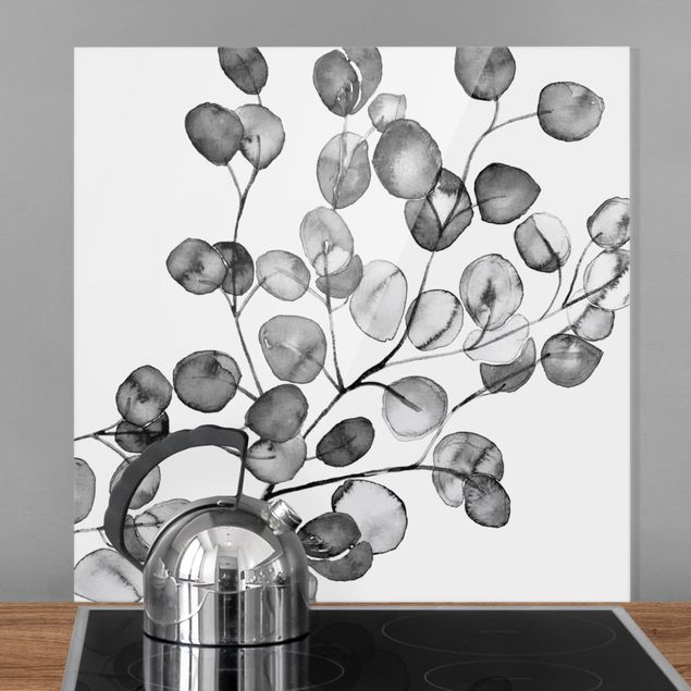 Glass splashback flower Black And White Eucalyptus Twig Watercolour