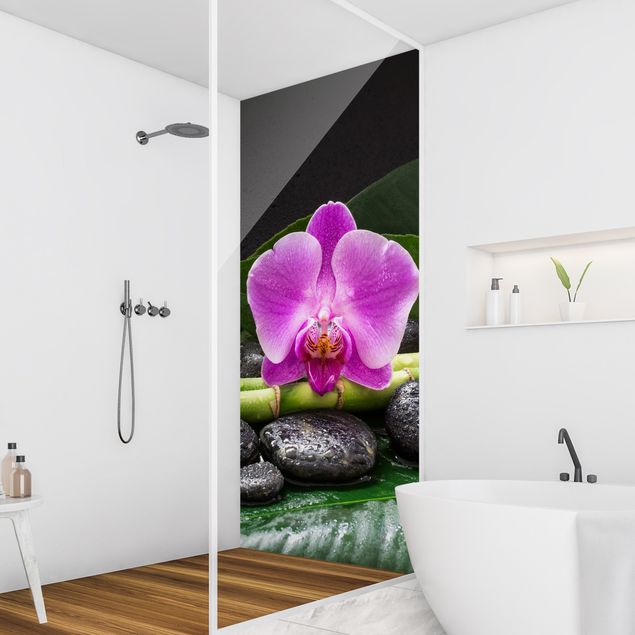 Shower wall cladding - Green bamboo With Orchid Flower