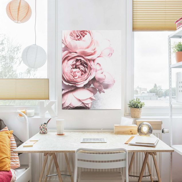 Glass print - Pink peony blossoms shabby pastel
