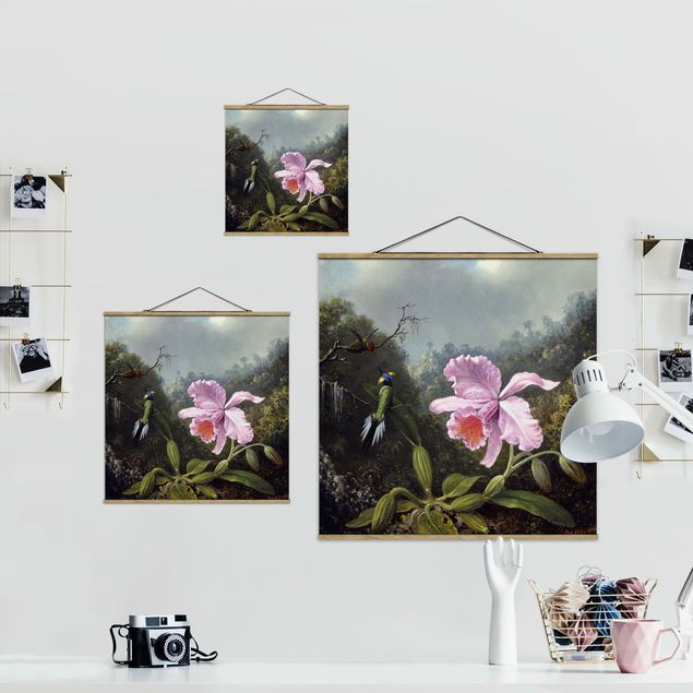 Fabric print with poster hangers - Martin Johnson Heade - Still Life With An Orchid And A Pair Of Hummingbirds