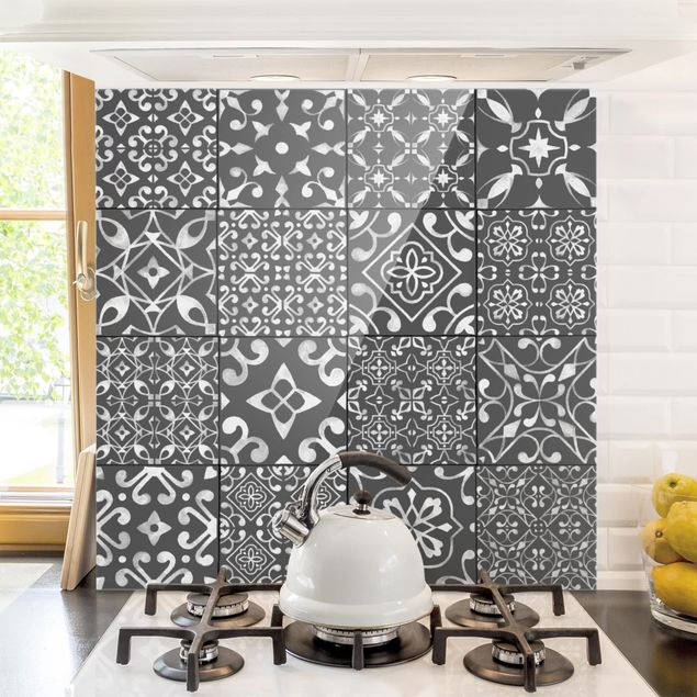 Glass splashback tiles Pattern Tiles Dark Gray White