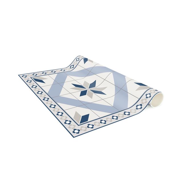 Tile rug Geometrical Tiles Rhombic Flower Pigeon Grey With Narrow Border