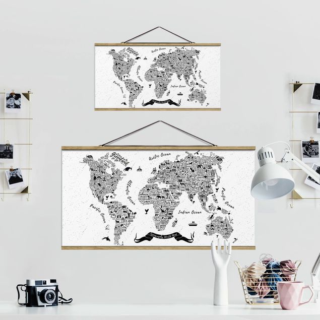 Fabric print with poster hangers - Typography World Map White
