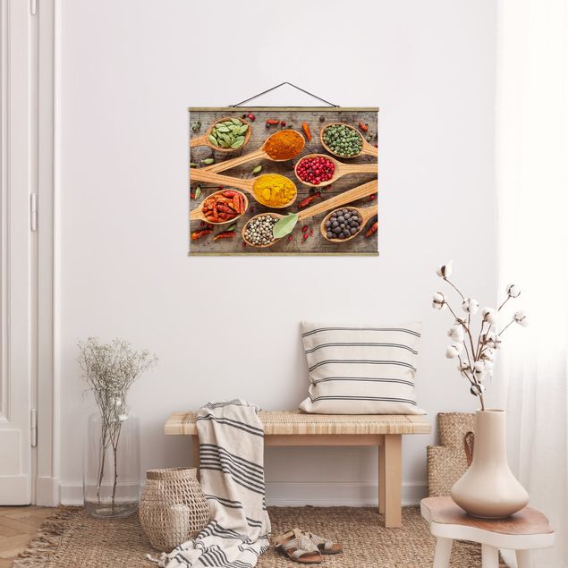 Fabric print with poster hangers - Spices On Wooden Spoon
