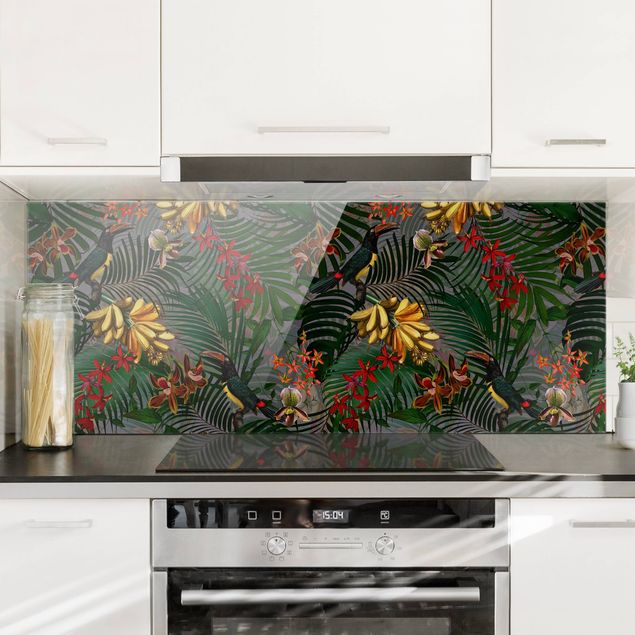 Glass splashback patterns Tropical Ferns With Tucan Green