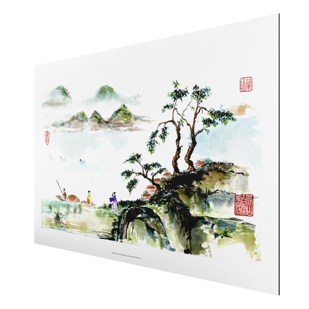 Print on aluminium - Japanese Watercolour Drawing Lake And Mountains