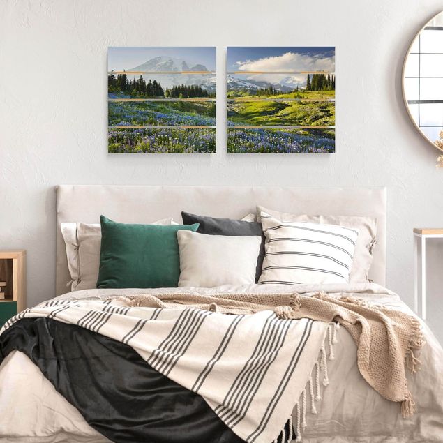 Print on wood - Mountain Meadow With Blue Flowers in Front of Mt. Rainier