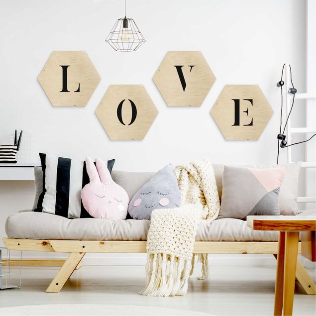 Wooden hexagon - Letters LOVE Black Set II