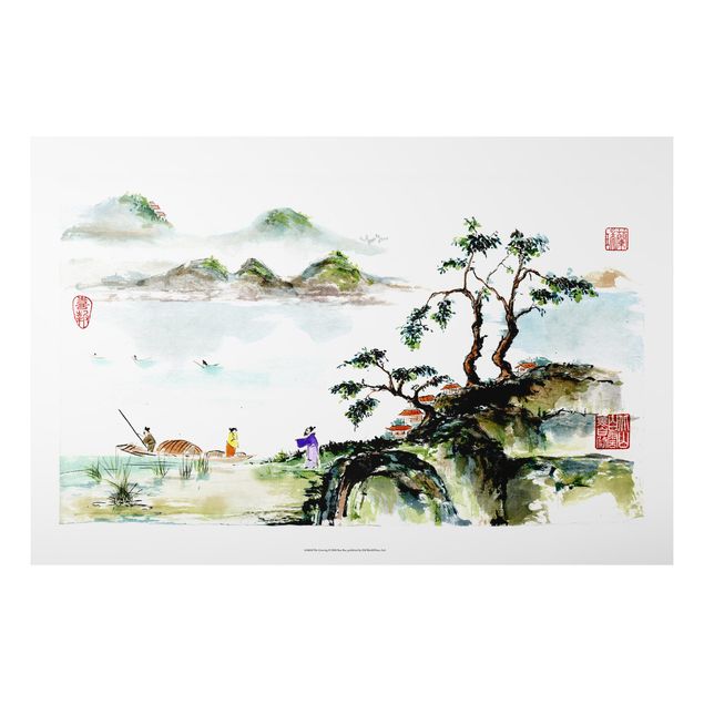 Print on aluminium - Japanese Watercolour Drawing Lake And Mountains