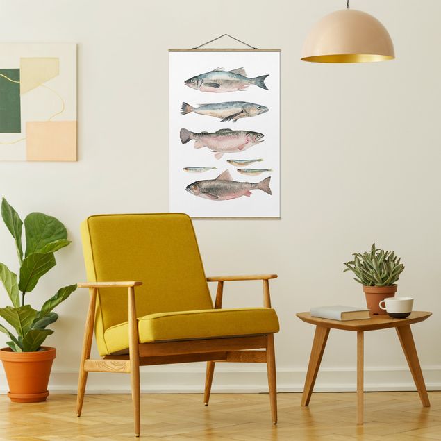 Fabric print with poster hangers - Seven Fish In Watercolour I