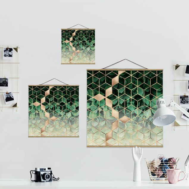 Fabric print with poster hangers - Green Leaves Golden Geometry