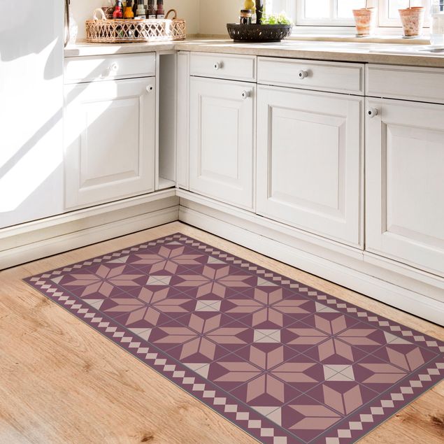 kitchen runner rugs Geometrical Tiles Star Flower Antique Pink With Small Border