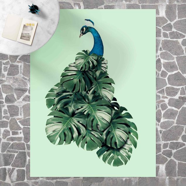 outdoor balcony rug Peacock With Monstera Leaves
