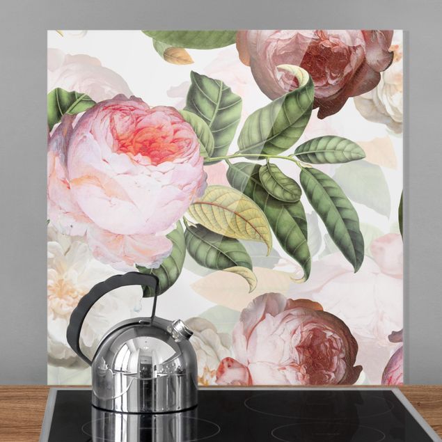 Glass splashback patterns Peonies With Leaves