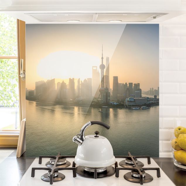 Glass splashback kitchen architecture and skylines Pudong At Dawn