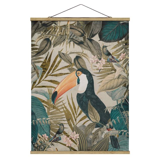 Fabric print with poster hangers - Vintage Collage - Toucan In The Jungle