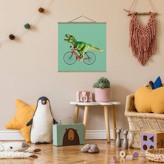Fabric print with poster hangers - Dinosaur With Bicycle