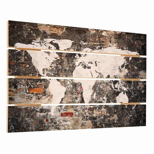 Print on wood - Old Wall World Map