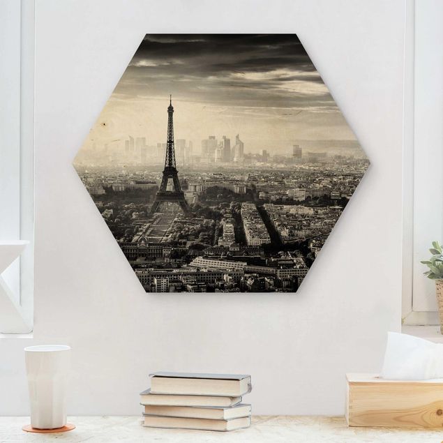 Wooden hexagon - The Eiffel Tower From Above Black And White