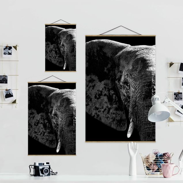Fabric print with poster hangers - African Elephant black and white