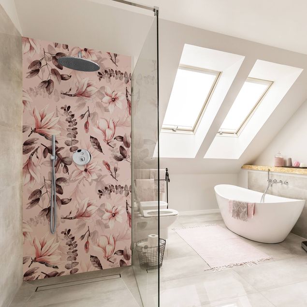 Shower wall panels Blossoms With Gray Leaves In Front Of Pink