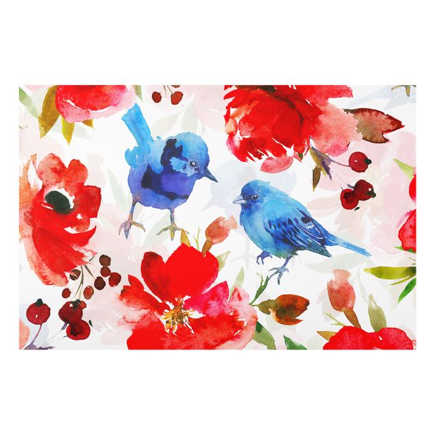 Glass splashback kitchen Watercolour Birds In Blue And Pink