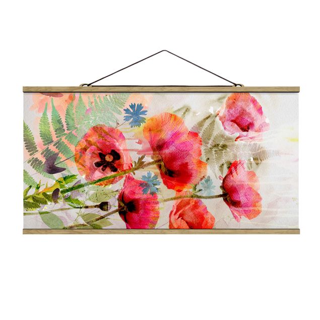 Fabric print with poster hangers - Watercolour Flowers Poppy