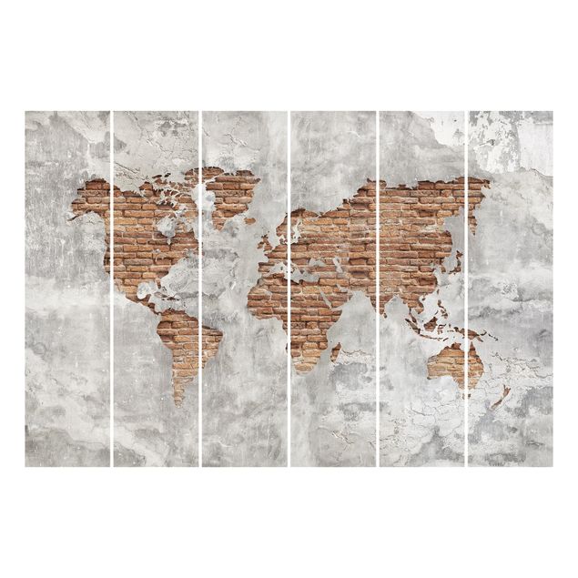 Sliding panel curtains set - Shabby Concrete Brick World Map
