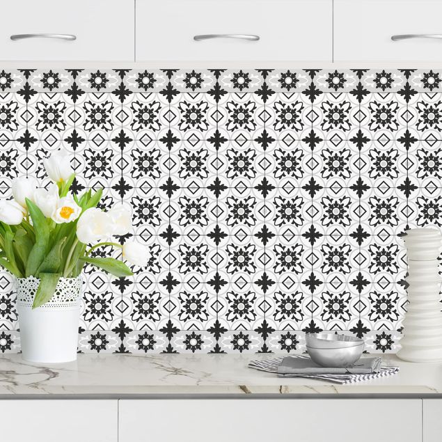 Kitchen splashback black and white Geometrical Tile Mix Flower Black
