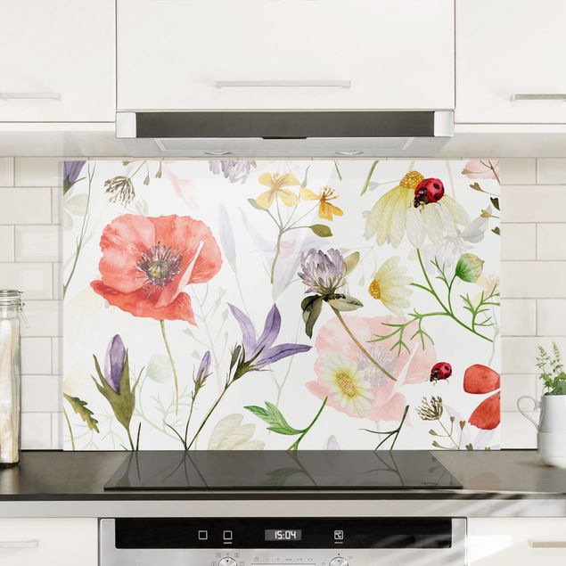 Glass splashback patterns Ladybird With Poppies In Watercolour
