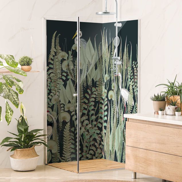 Shower panels Flamingo And Stork With Plants On Green