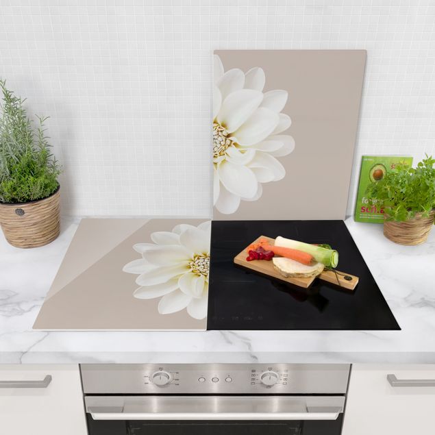 Glass stove top cover - Dahlia White Taupe Pastel Centered
