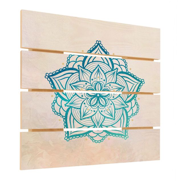Print on wood - Mandala Hamsa Hand Lotus Set Gold Blue